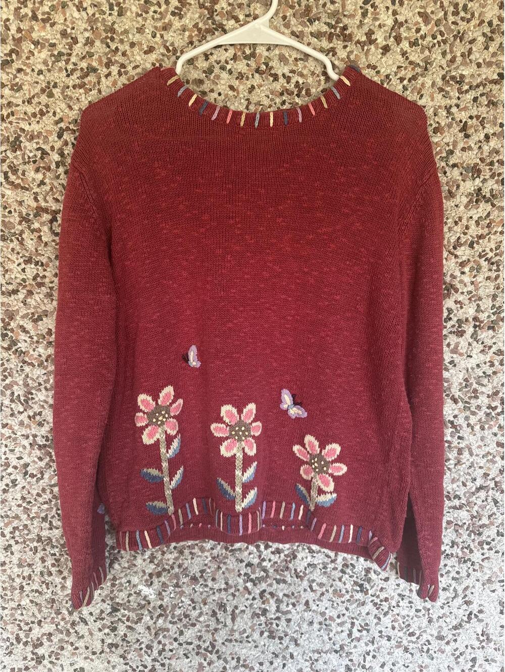 Christopher & Banks Red Floral Butterfly Sweater Hand Embroidered Size M
